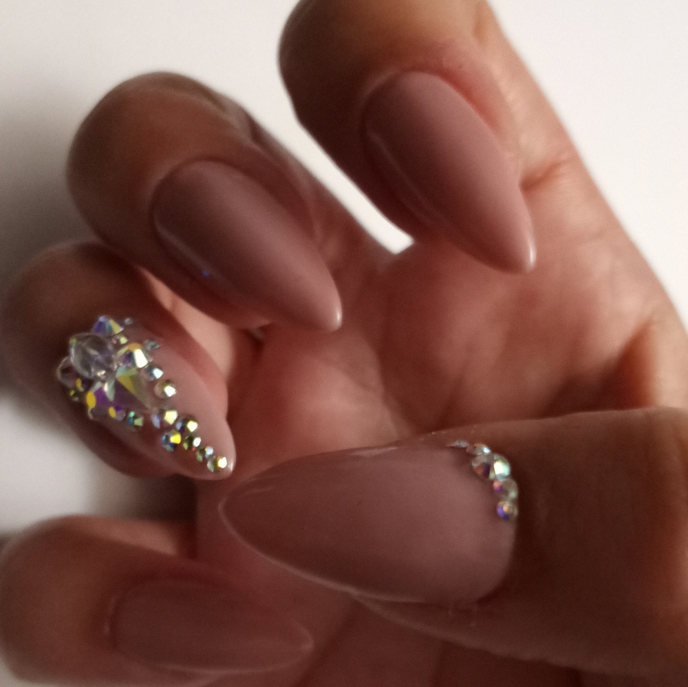 Nude pink and iridescent gem luxury Press On Nails come in any shape and length